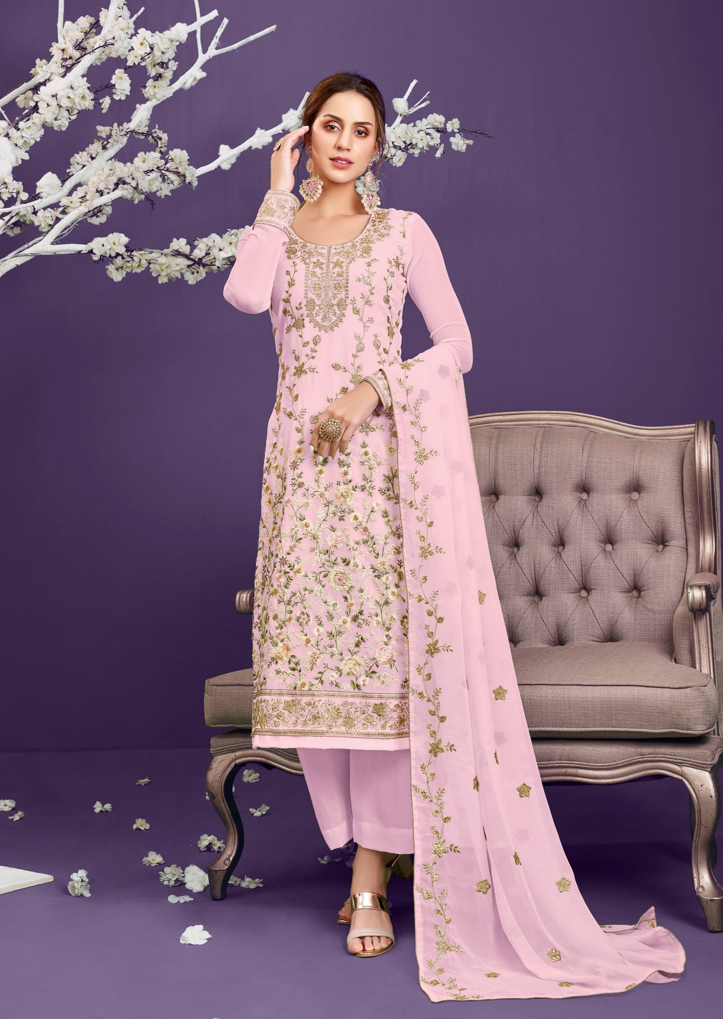 Anaara Georgette Phulkaari Baby Pink Salwar Suit