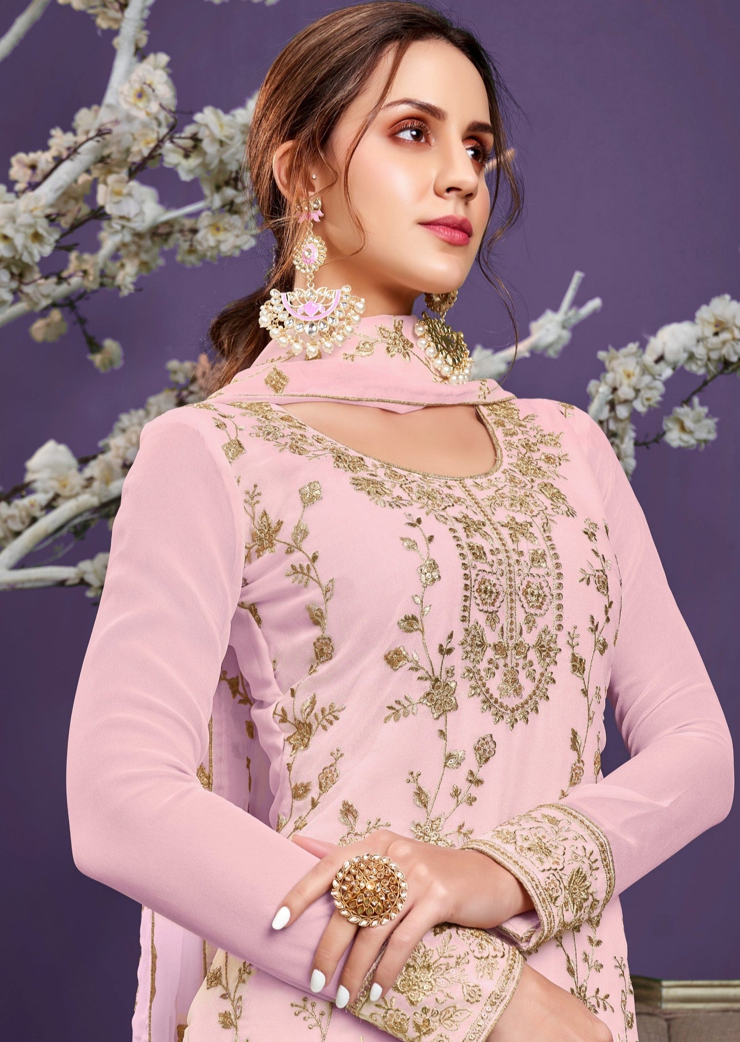 Anaara Georgette Phulkaari Baby Pink Salwar Suit