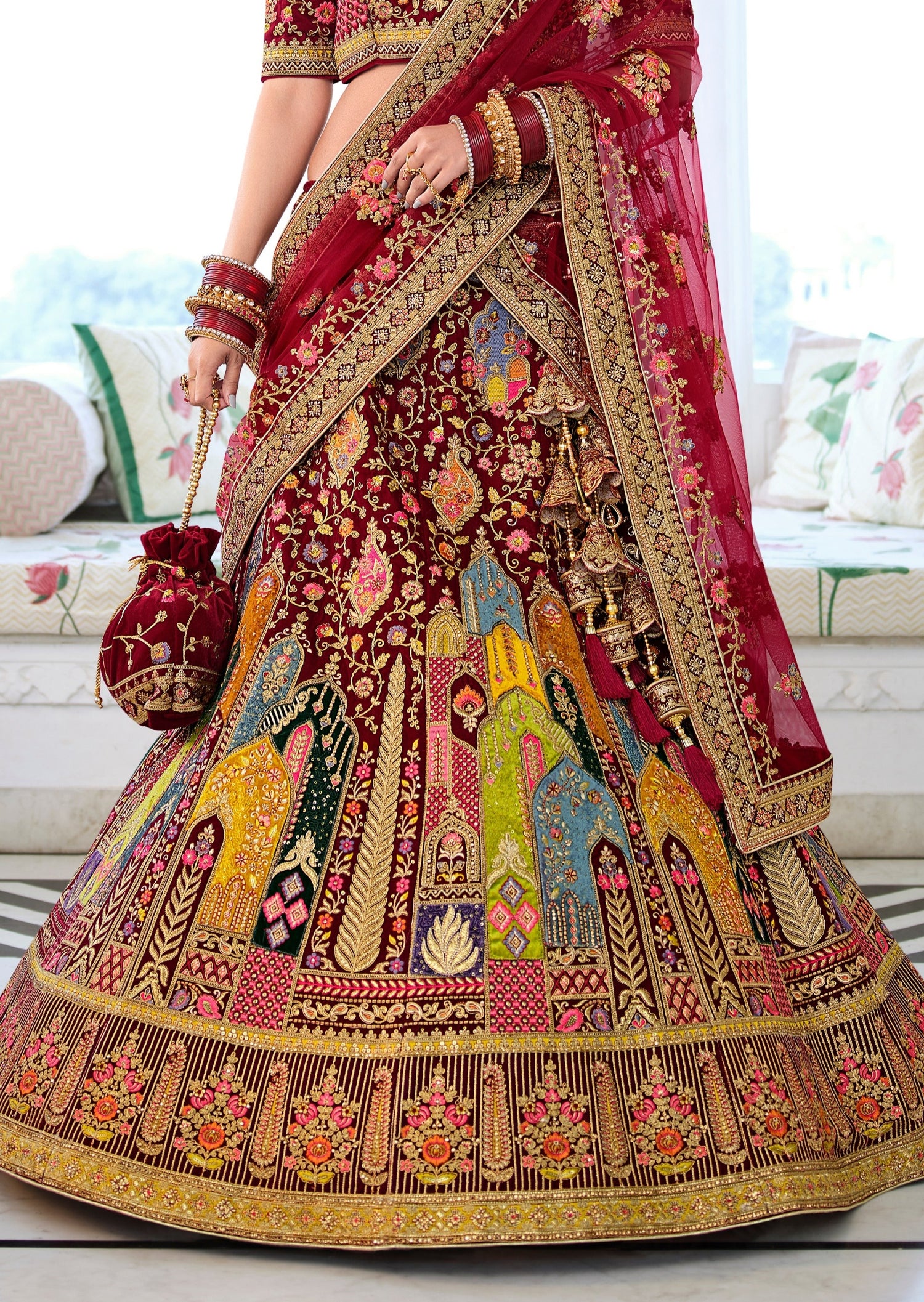 Maroon Velvet Embroidered Bridal Lehenga Choli 240387