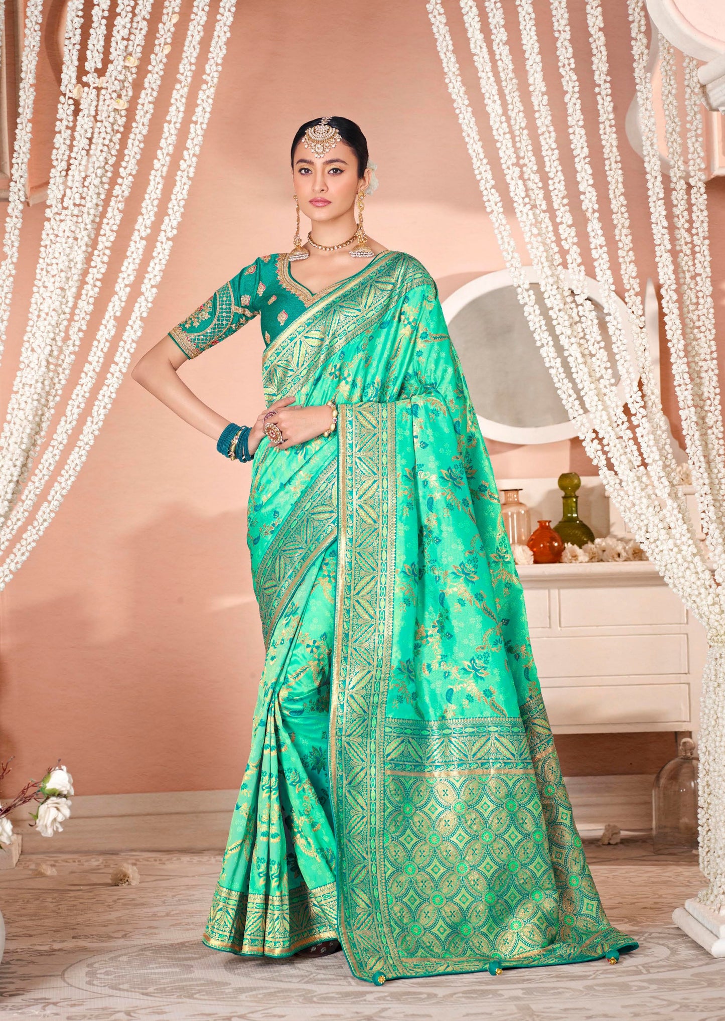 Hand Embroidery Banarasi Silk Sea Green Bridal Saree