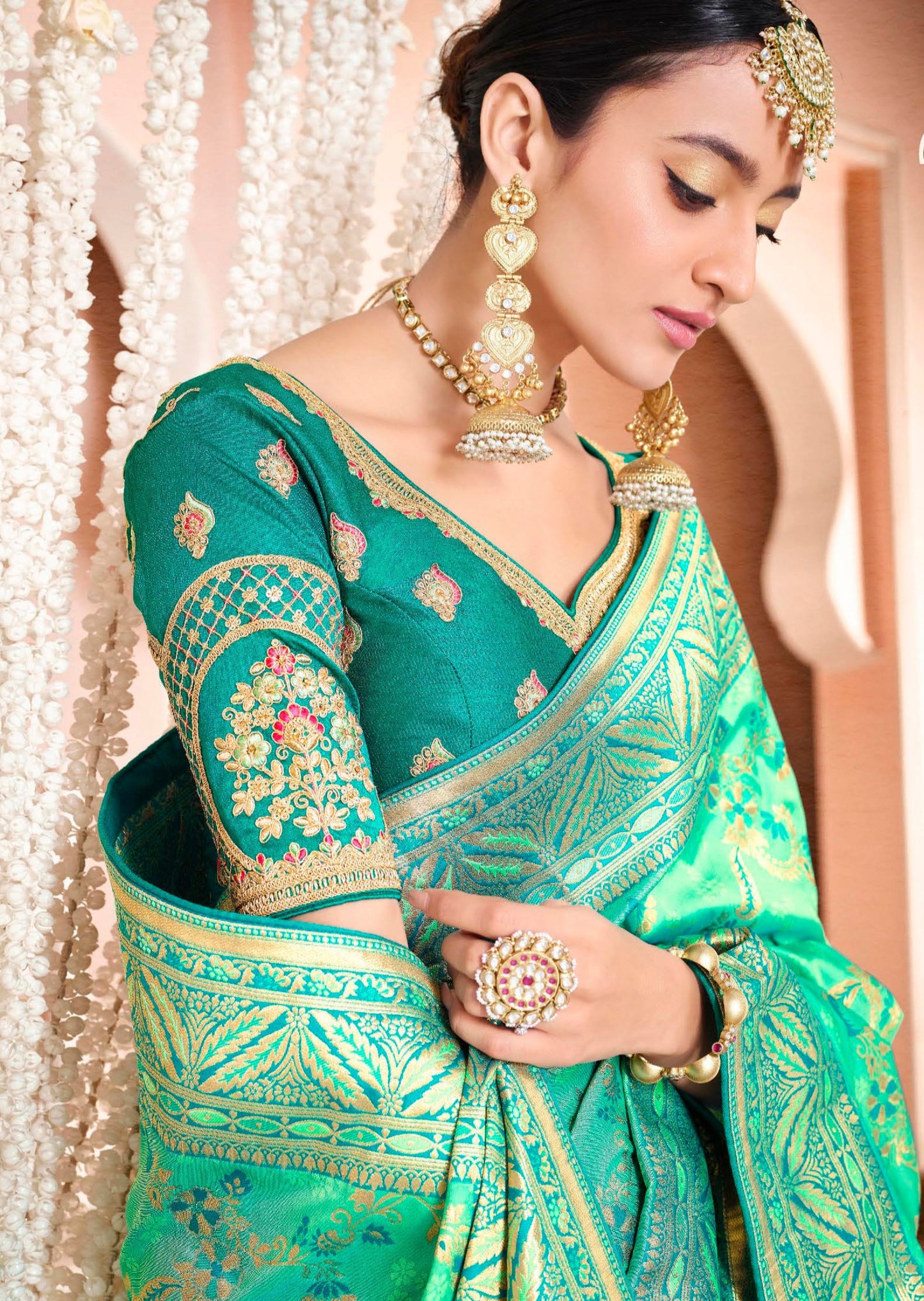 Hand Embroidery Banarasi Silk Sea Green Bridal Saree