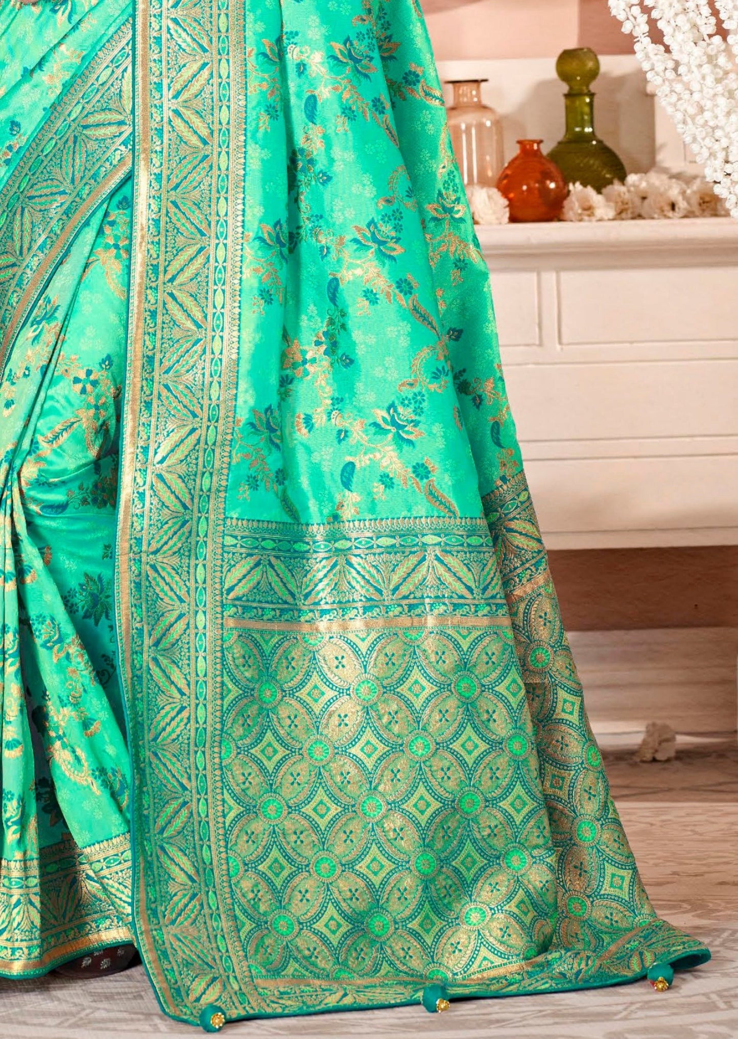 Hand Embroidery Banarasi Silk Sea Green Bridal Saree