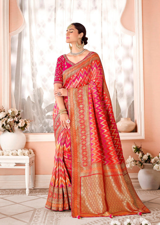 Mysha Silk Orange and Pink Bridal Saree