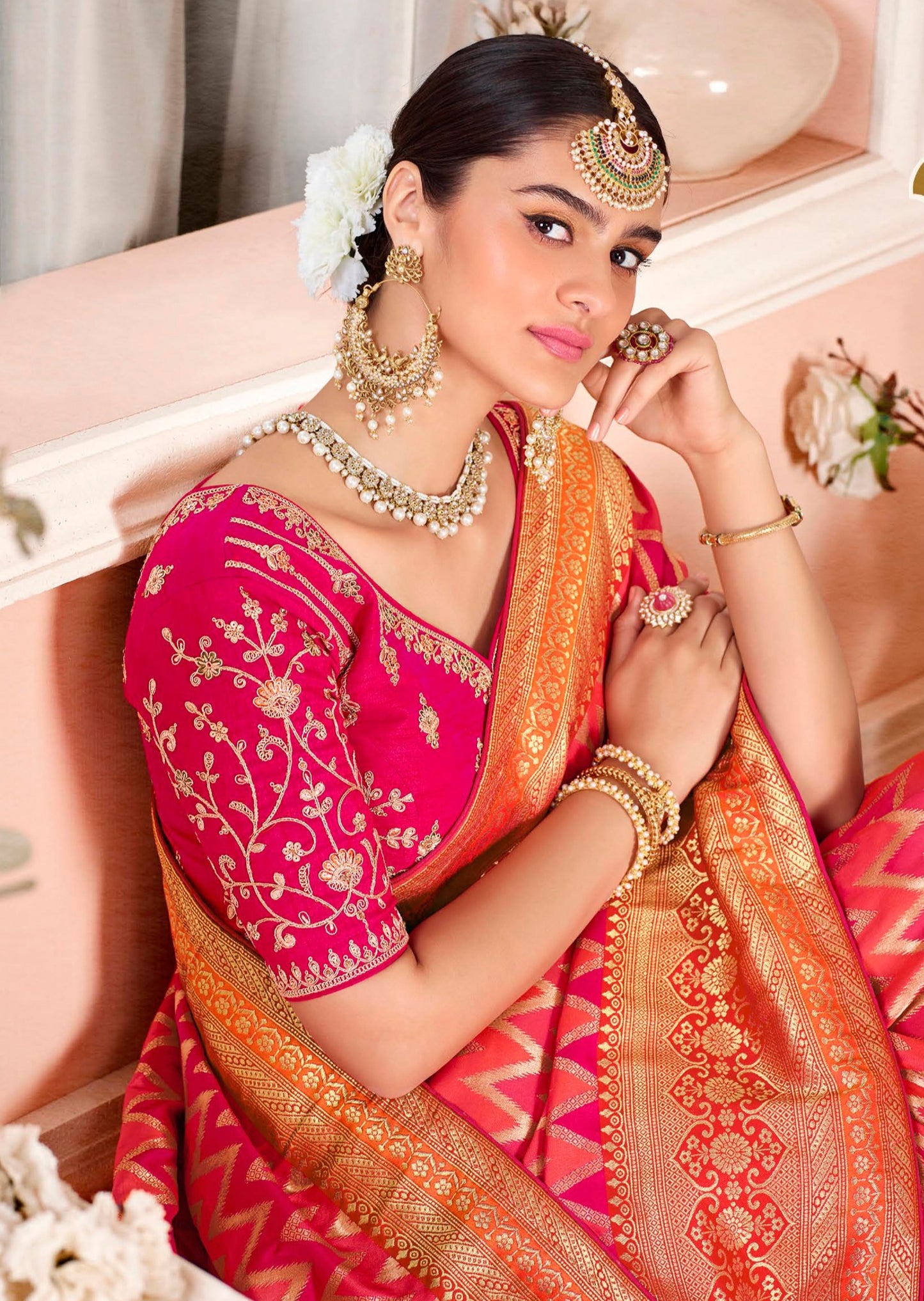 Mysha Silk Orange and Pink Bridal Saree