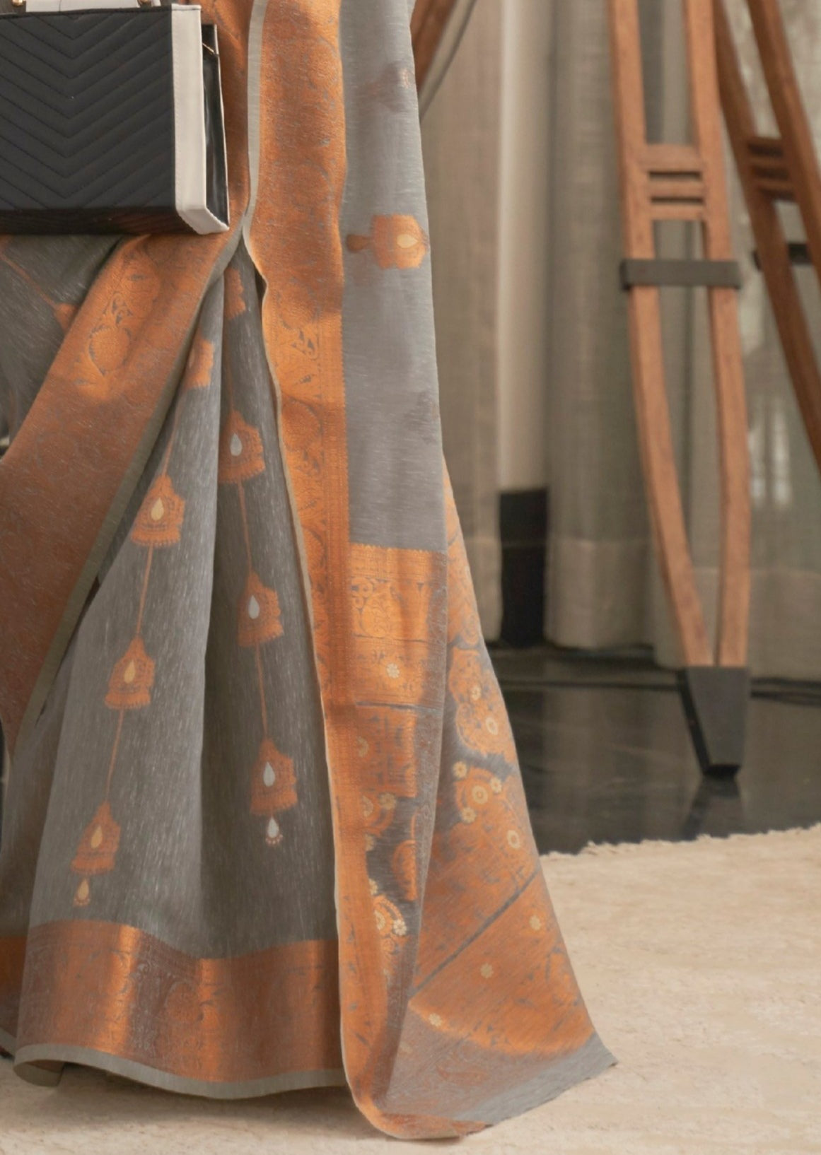 Pure Linen Handloom Copper Zari Weaving Grey Saree