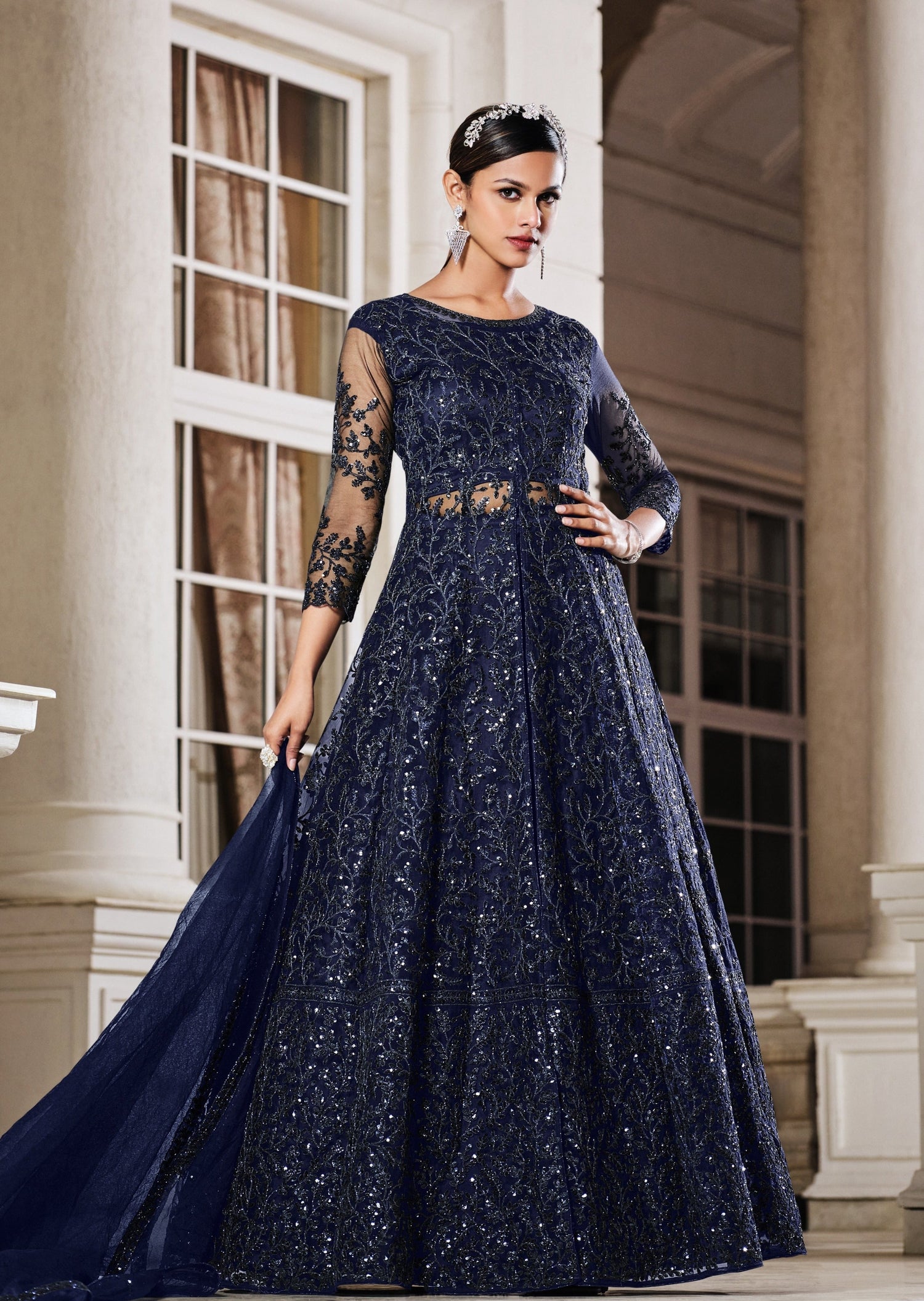 Attractive Women's Wear Blue Color Heavy Cording & Stone Work Anarkali Suit
