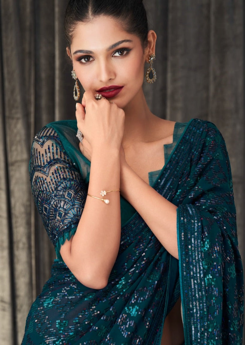 Embroidered Border Satin Georgette Saree in Teal Blue : SFVA1629