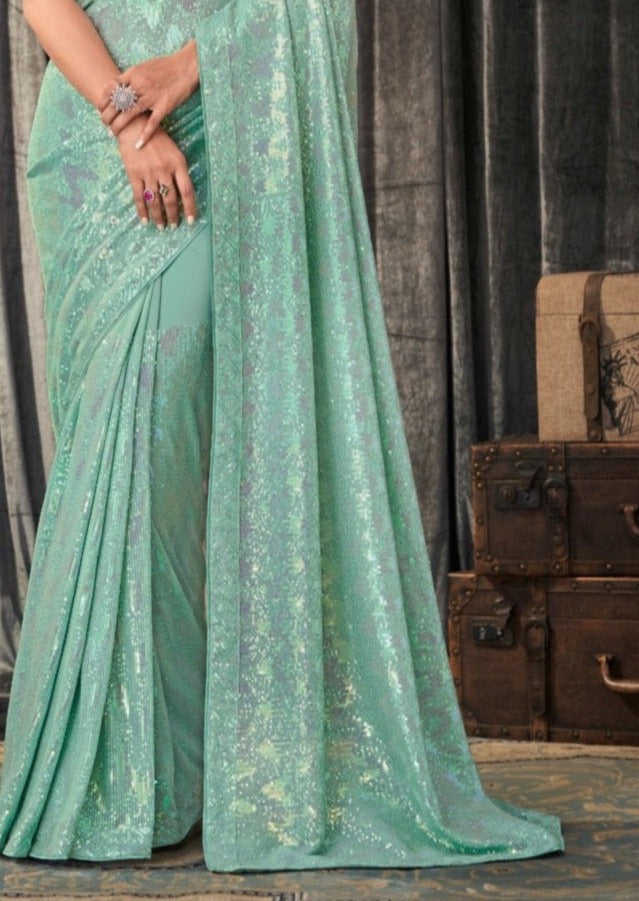 Party Wear Georgette Sea Green Sequins Saree