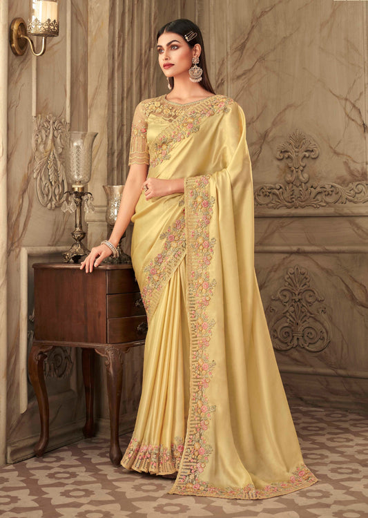 Designer Satin Silk Light Gold Saree