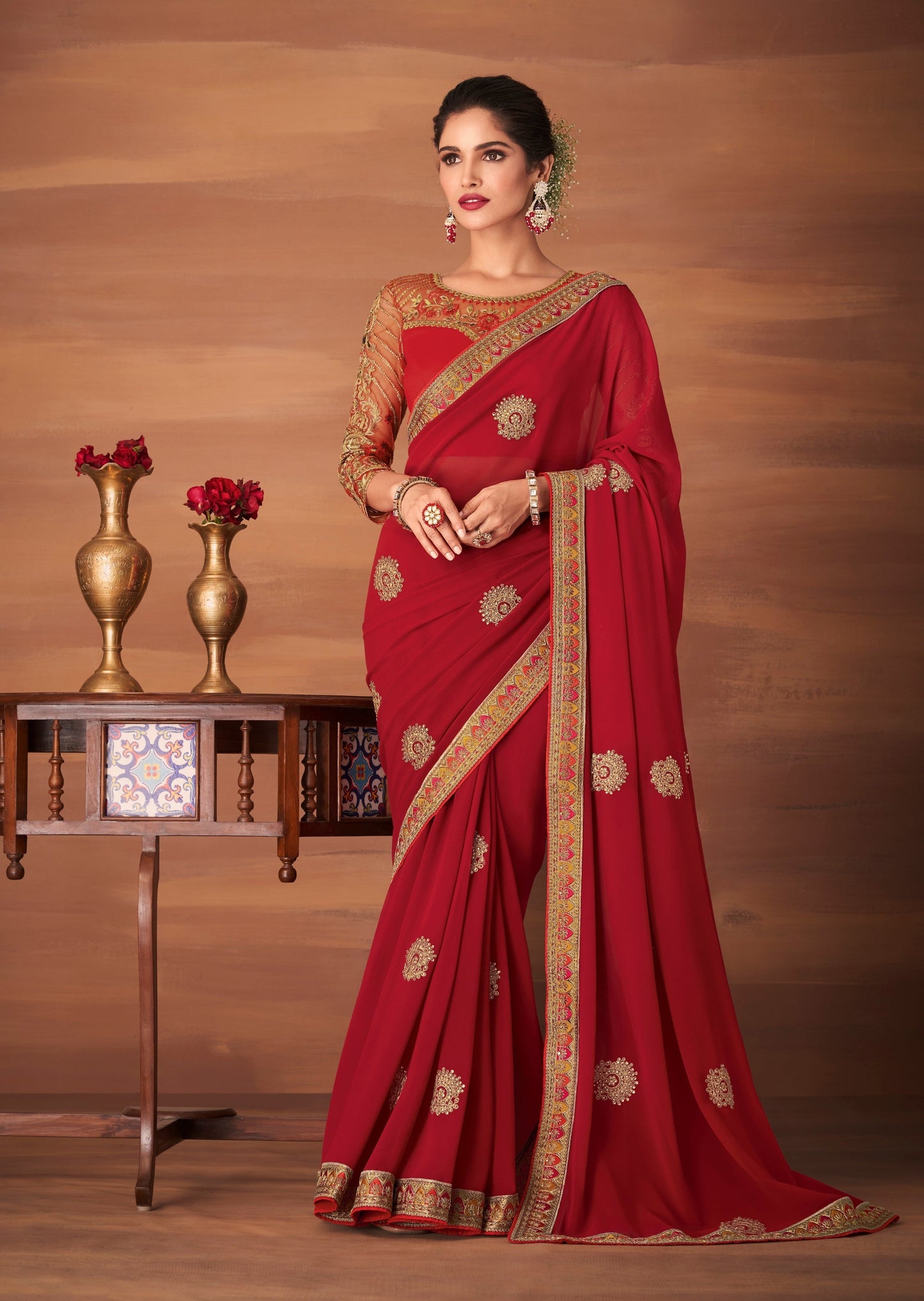 Gul Georgette Red and Gold Saree