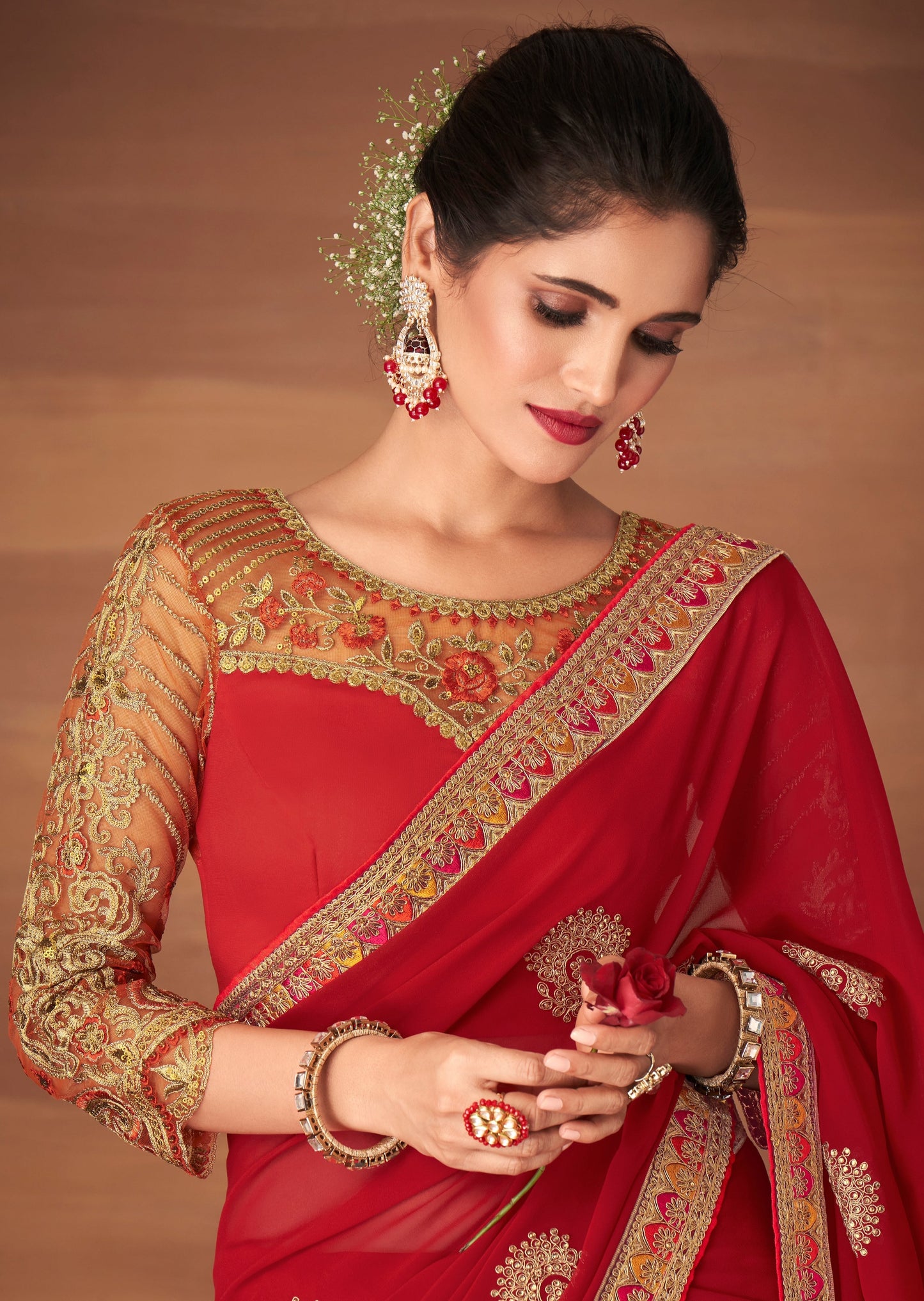 Gul Georgette Red and Gold Saree