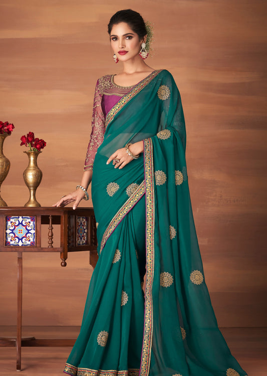 Pure Georgette Dark Green Saree