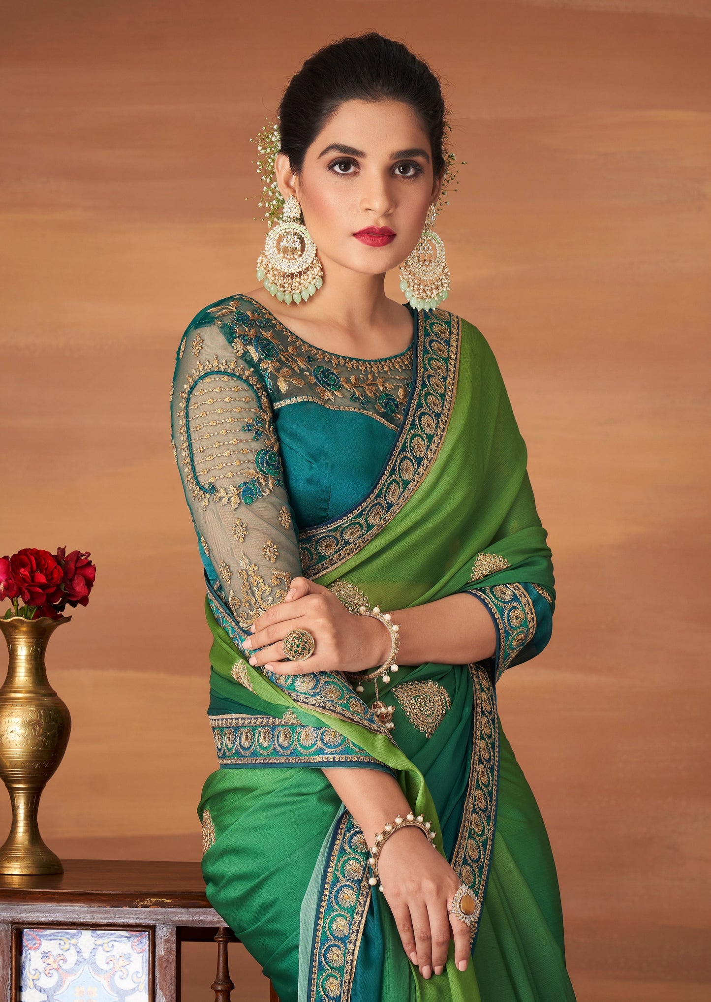 Pure Georgette Green and Blue Saree