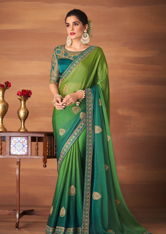 Pure Georgette Green and Blue Saree