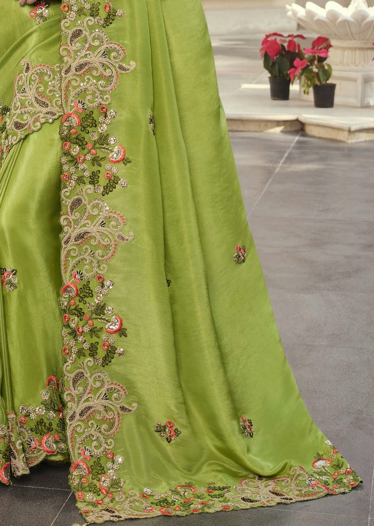 Handwork Organza Lime Green Designer Saree