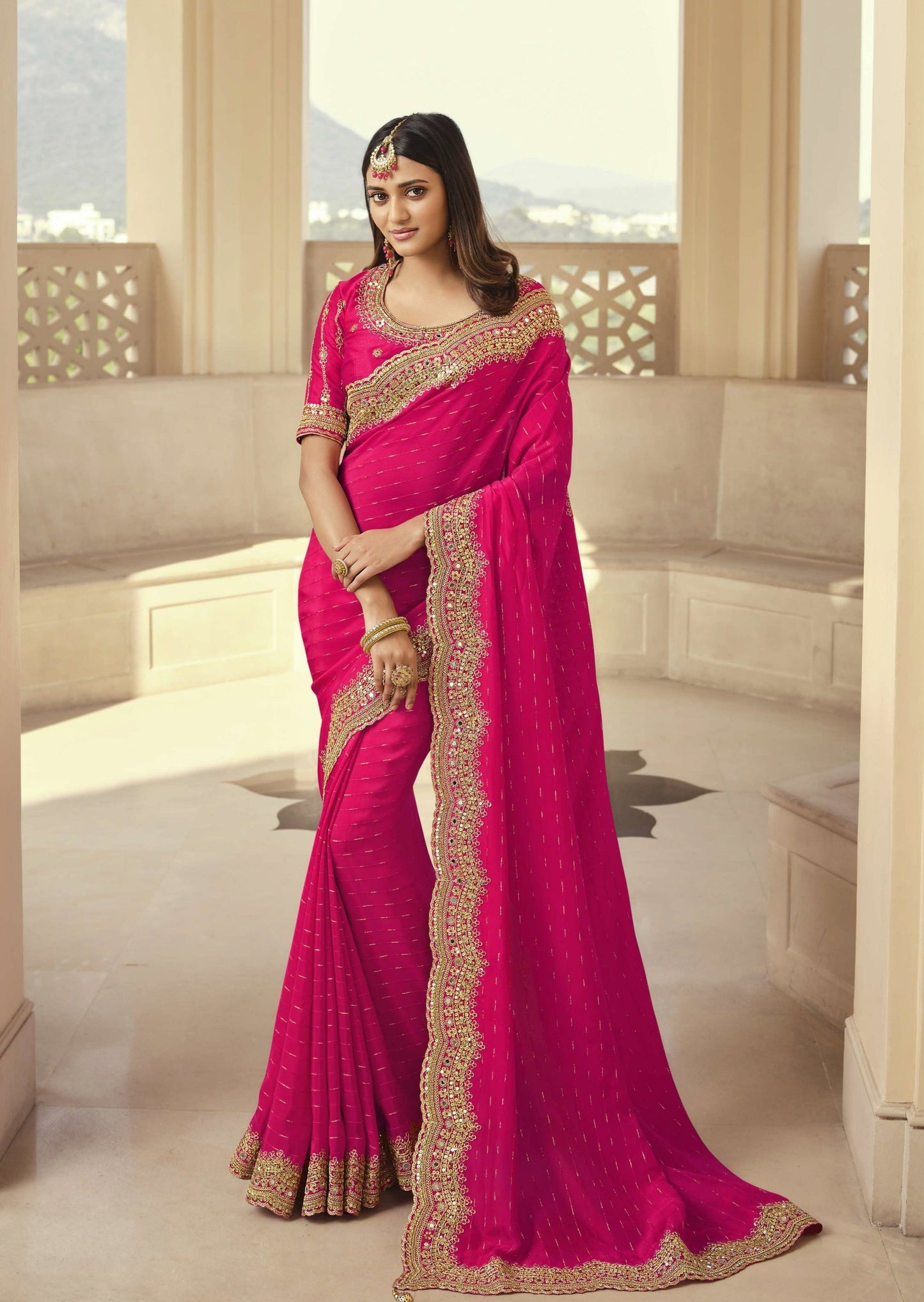 Handwork Organza Hot Pink Designer Saree