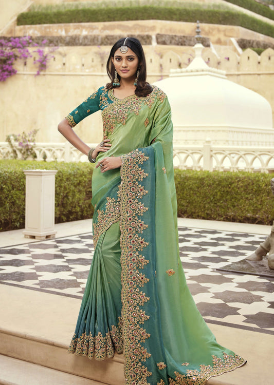 Handwork Organza Silk Mint Green Designer Saree