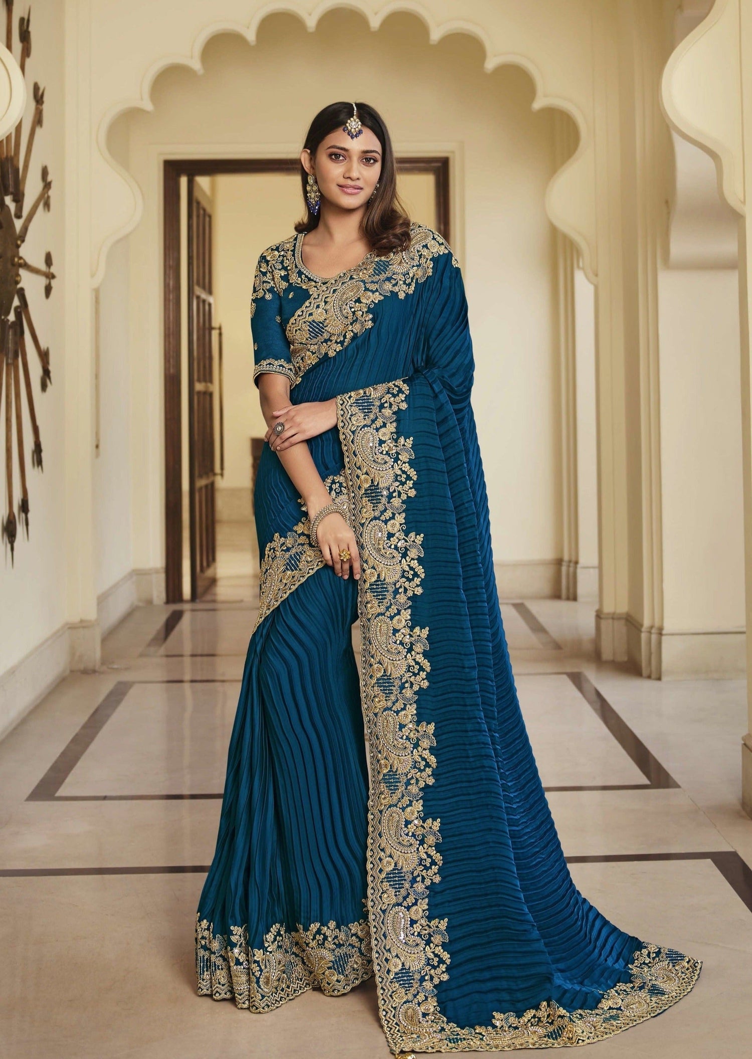 Ink blue fancy softy silk designer saree with colorful floral vine on its  body,zari border & pallu with intricate design