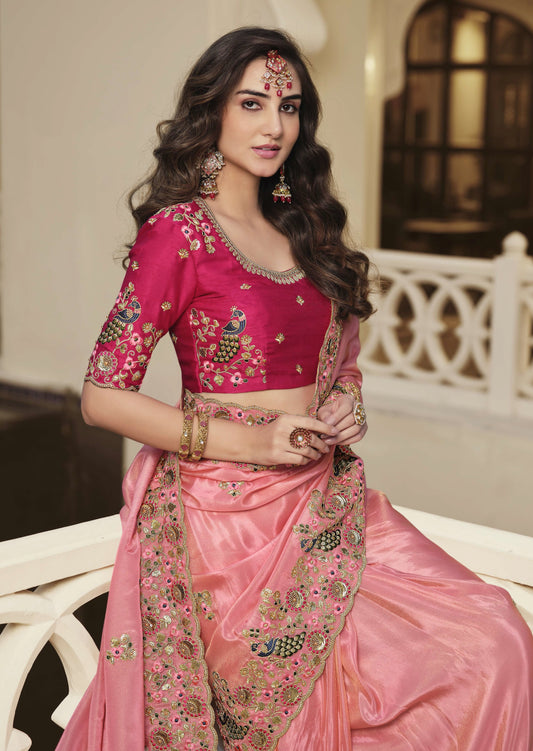 Handwork Organza Rose Pink Designer Saree