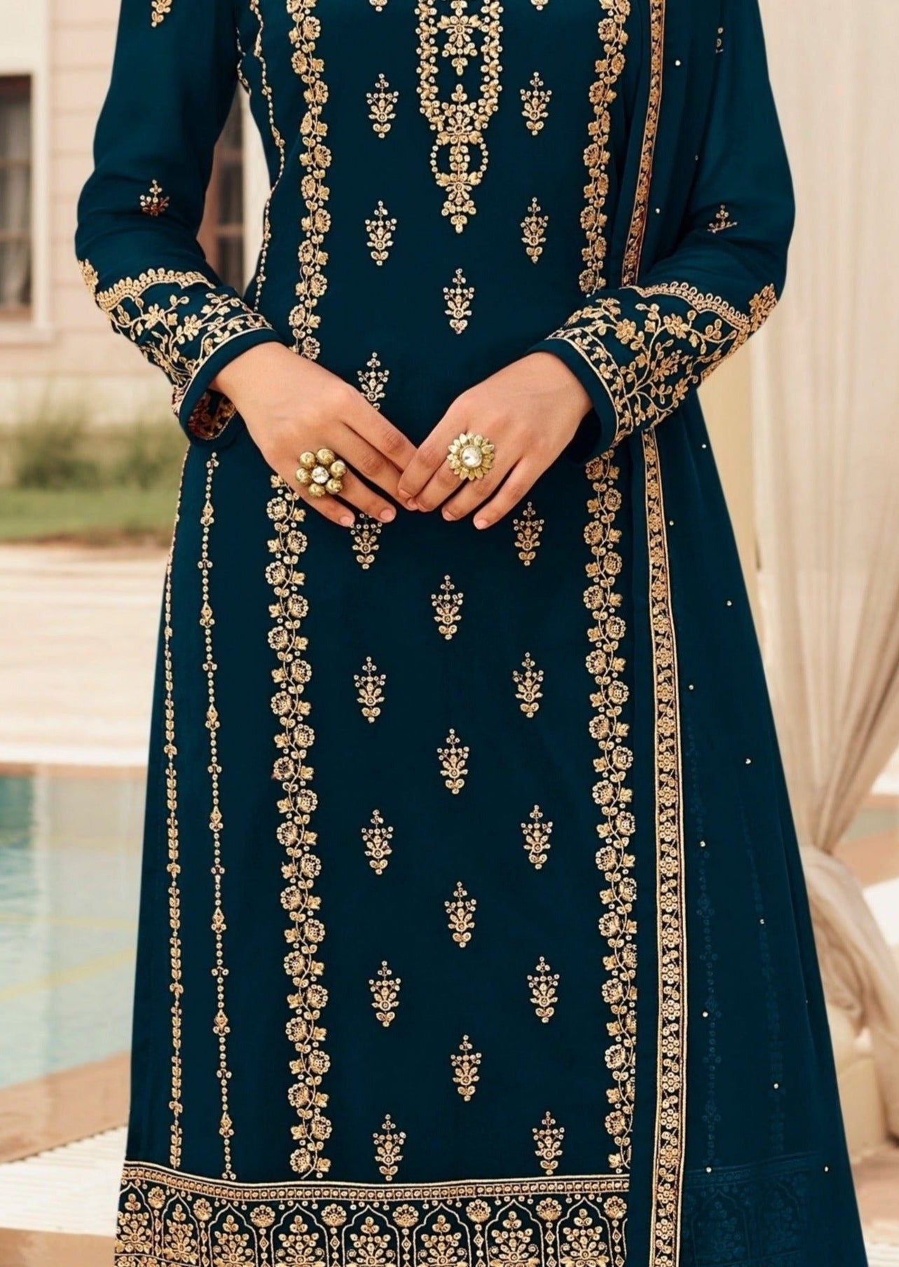 Semi Stitched Georgette Teal Blue Salwar Suit