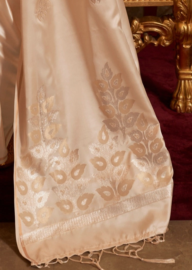 Pure Satin Silk Handloom Beige Cream Saree