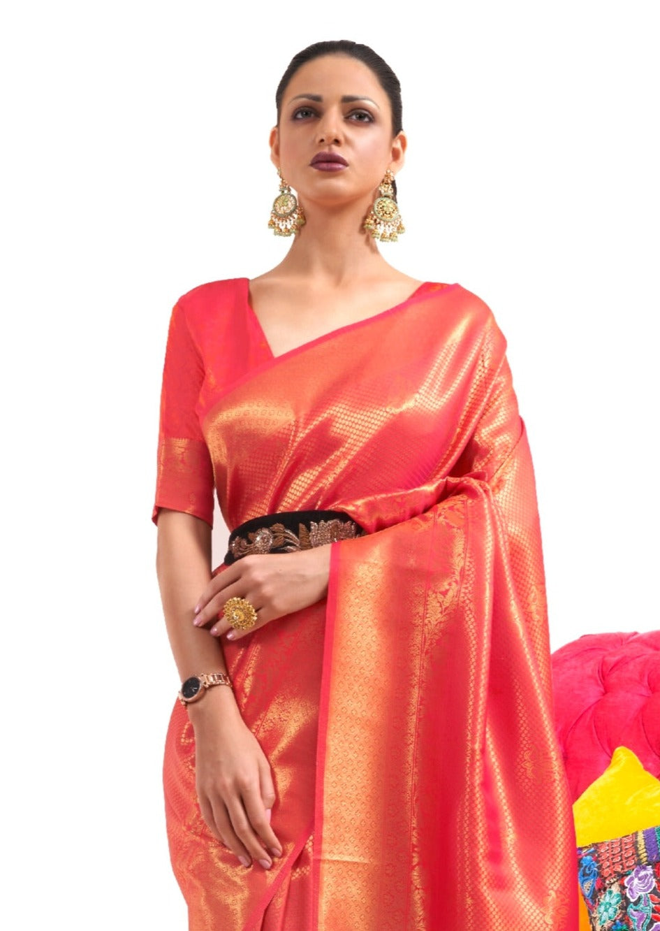 Pure Kanjivaram Silk Tomato Red Saree