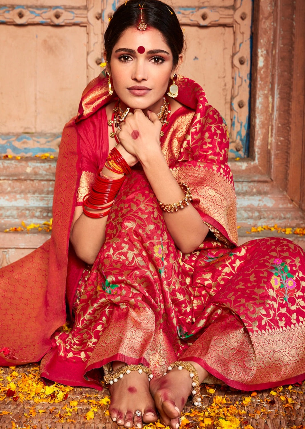 Pure Banarasi Silk Red Bridal Handloom Saree