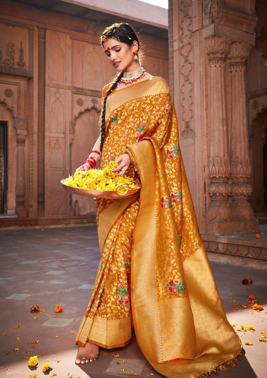 Yellow banarasi silk saree online with multicolor weaving.