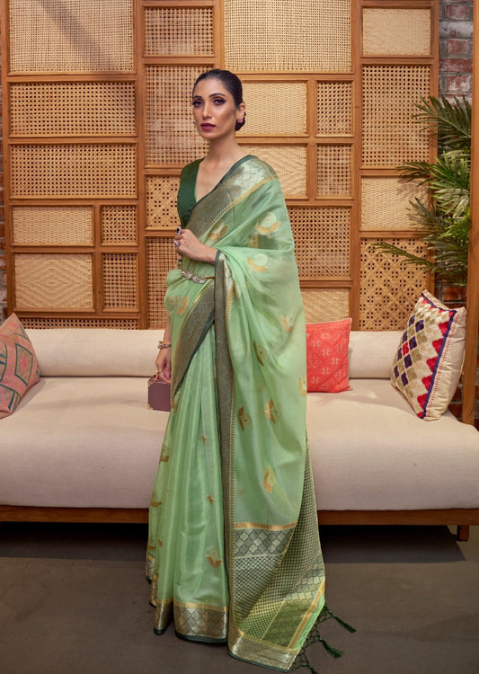 Pure Banarasi Organza Pista Green Handloom Saree