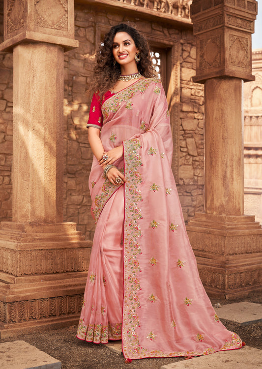 Hand Work Organza Pastel Pink Designer Saree