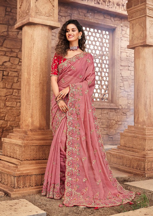 Party Wear Organza Designer Saree (Rose Pink)