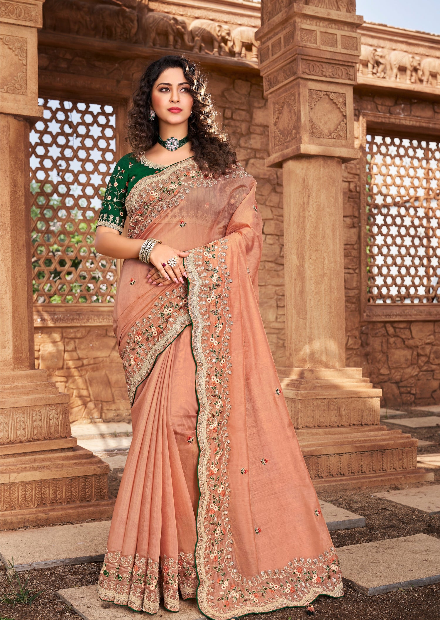 Buy Peach Faux Georgette Classic Designer Saree Online : Indian Ethnic Wear  -