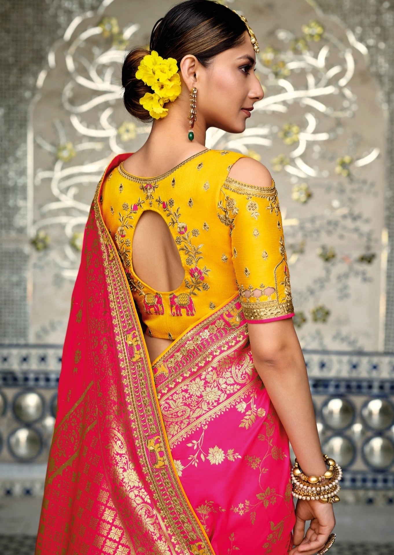 Hand Embroidery Banarasi Silk Yellow and Pink Bridal Saree