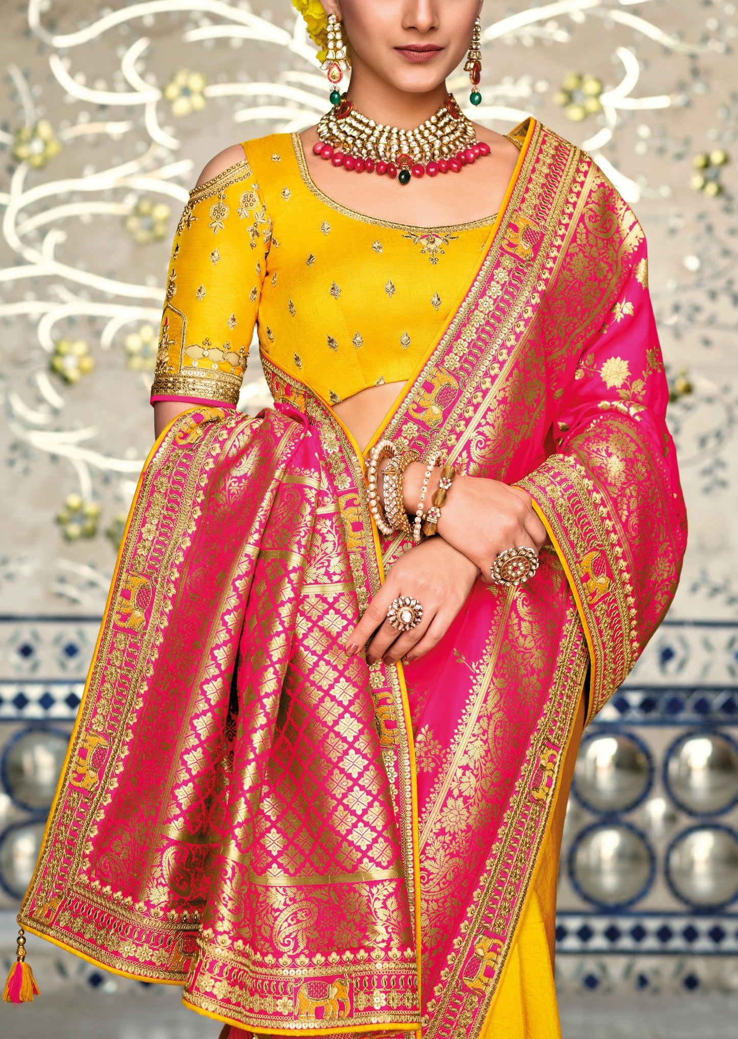 Hand Embroidery Banarasi Silk Yellow and Pink Bridal Saree