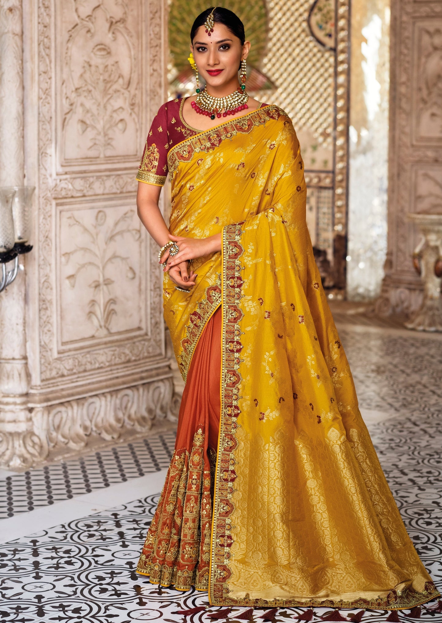 Navneeta Silk Orange and Yellow Bridal Saree