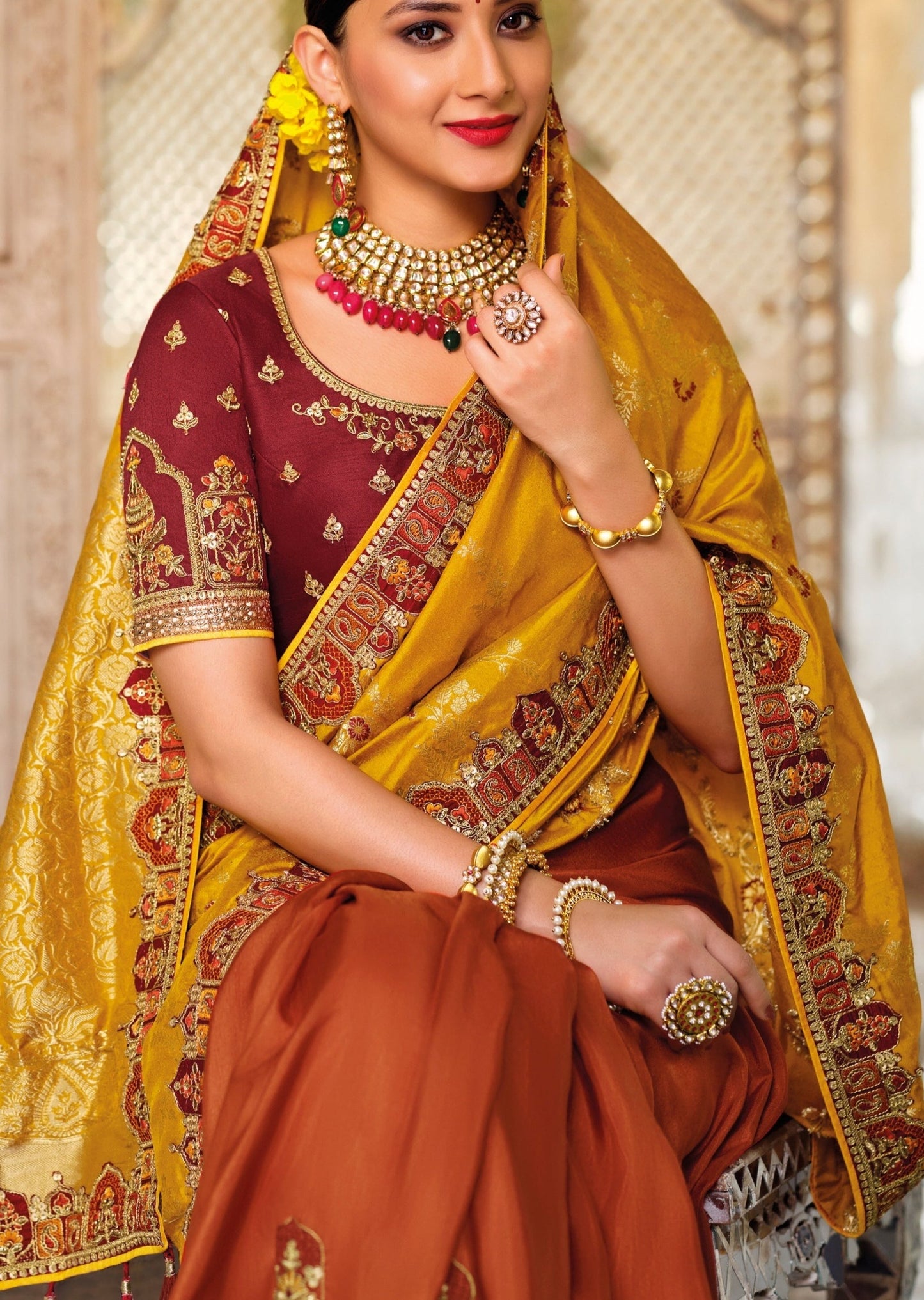 Navneeta Silk Orange and Yellow Bridal Saree