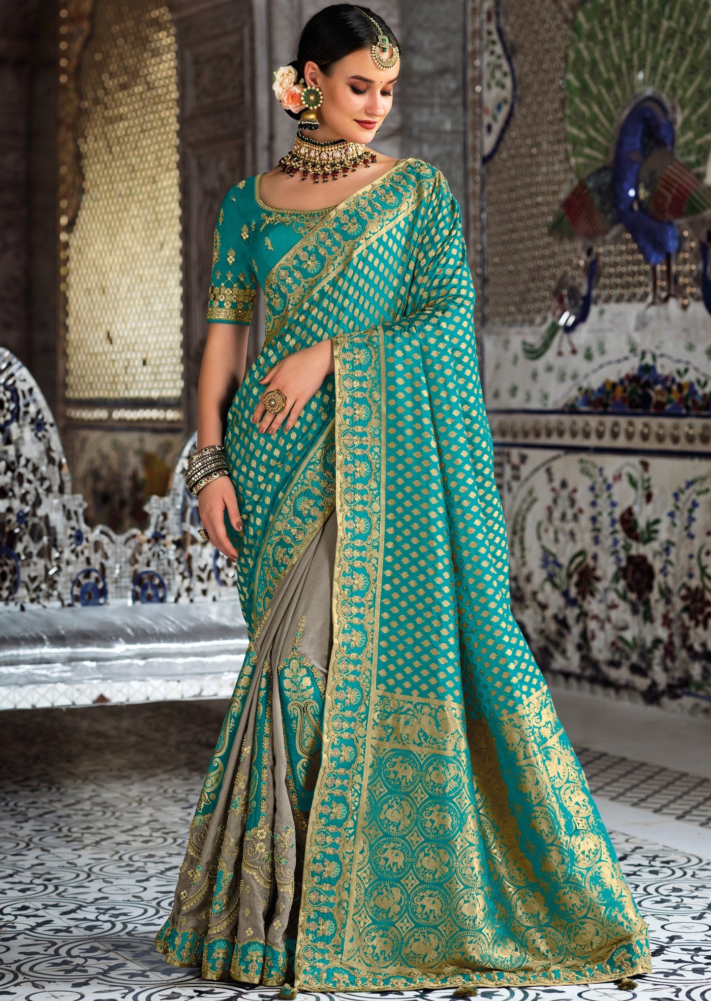 Navneeta Silk Blue and Grey Bridal Saree