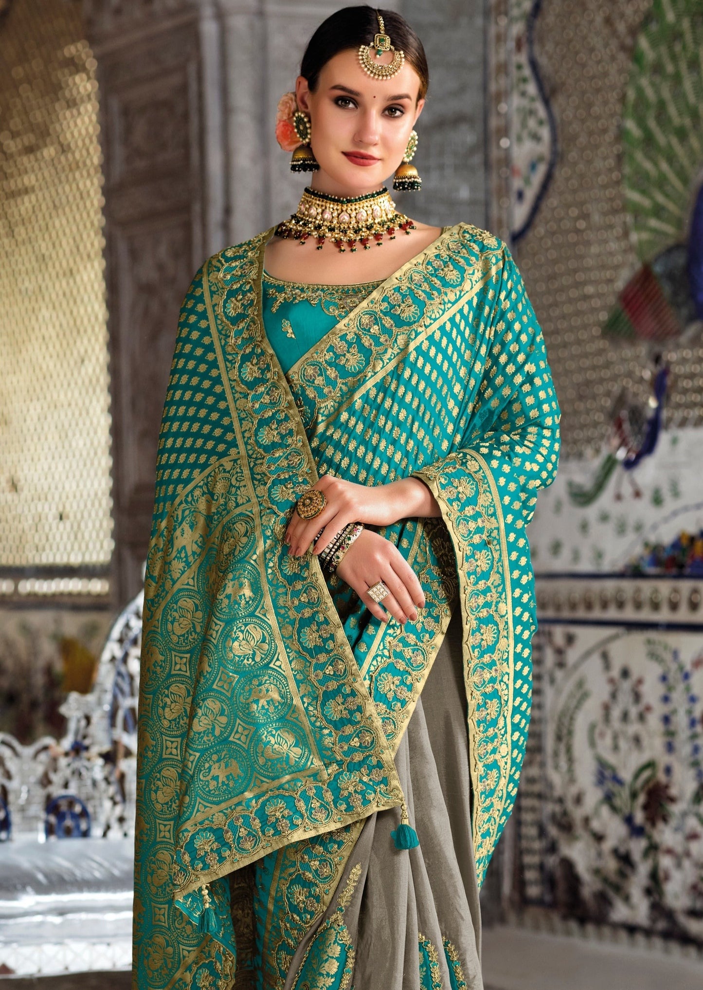 Navneeta Silk Blue and Grey Bridal Saree