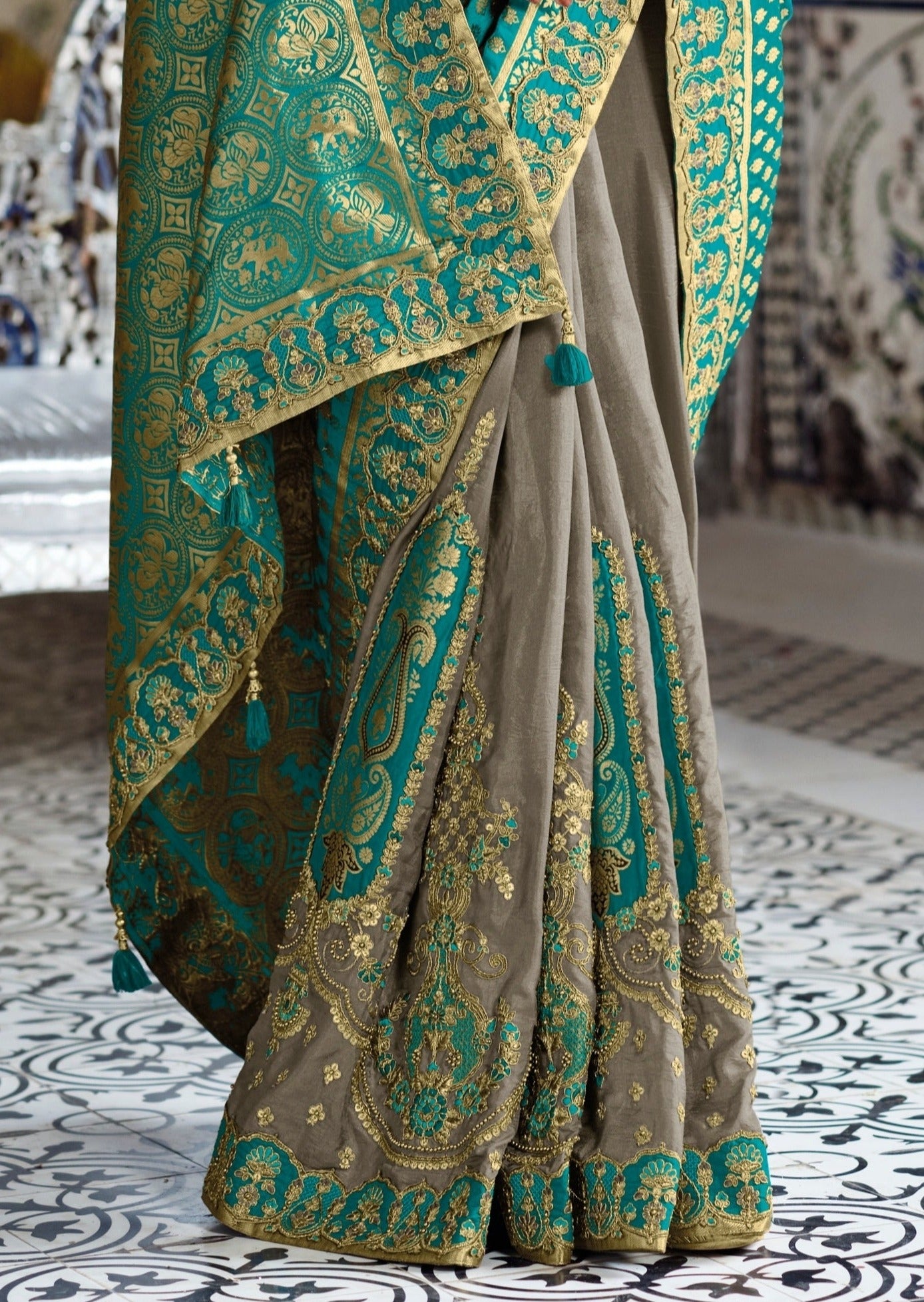 Navneeta Silk Blue and Grey Bridal Saree