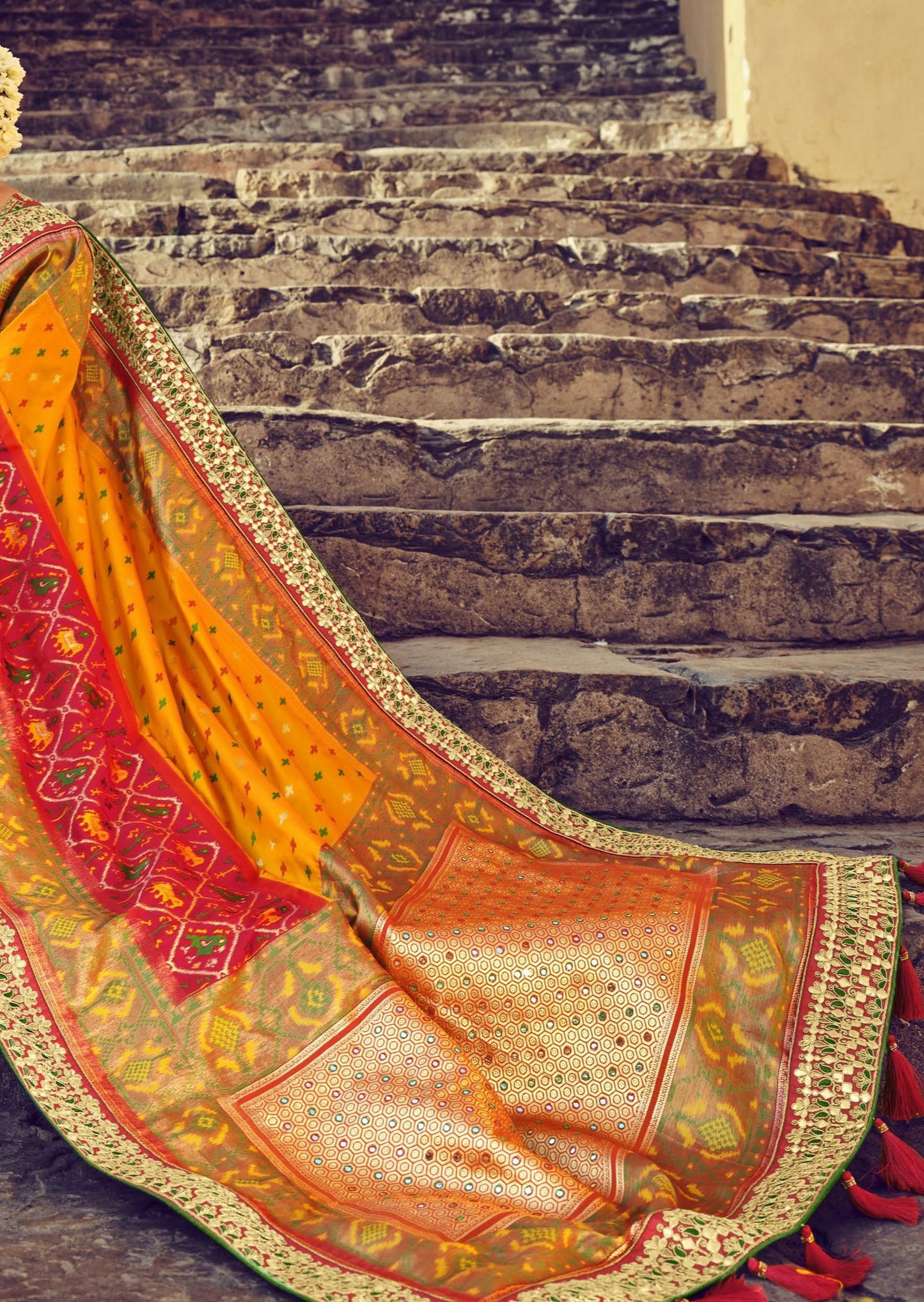 Banarasi Patola Silk Red and Yellow Bridal Saree