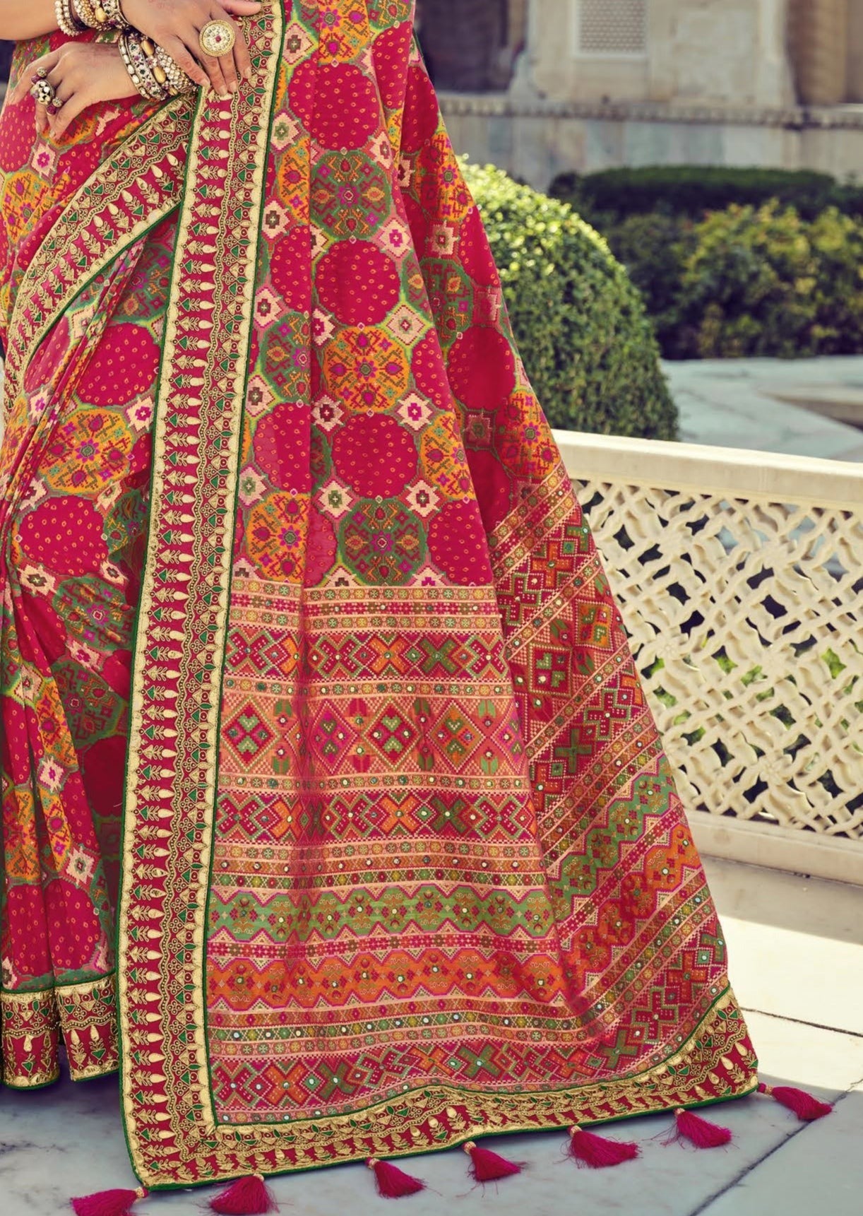Bandhani Patola Banarasi Silk Red Multicolor Bridal Saree