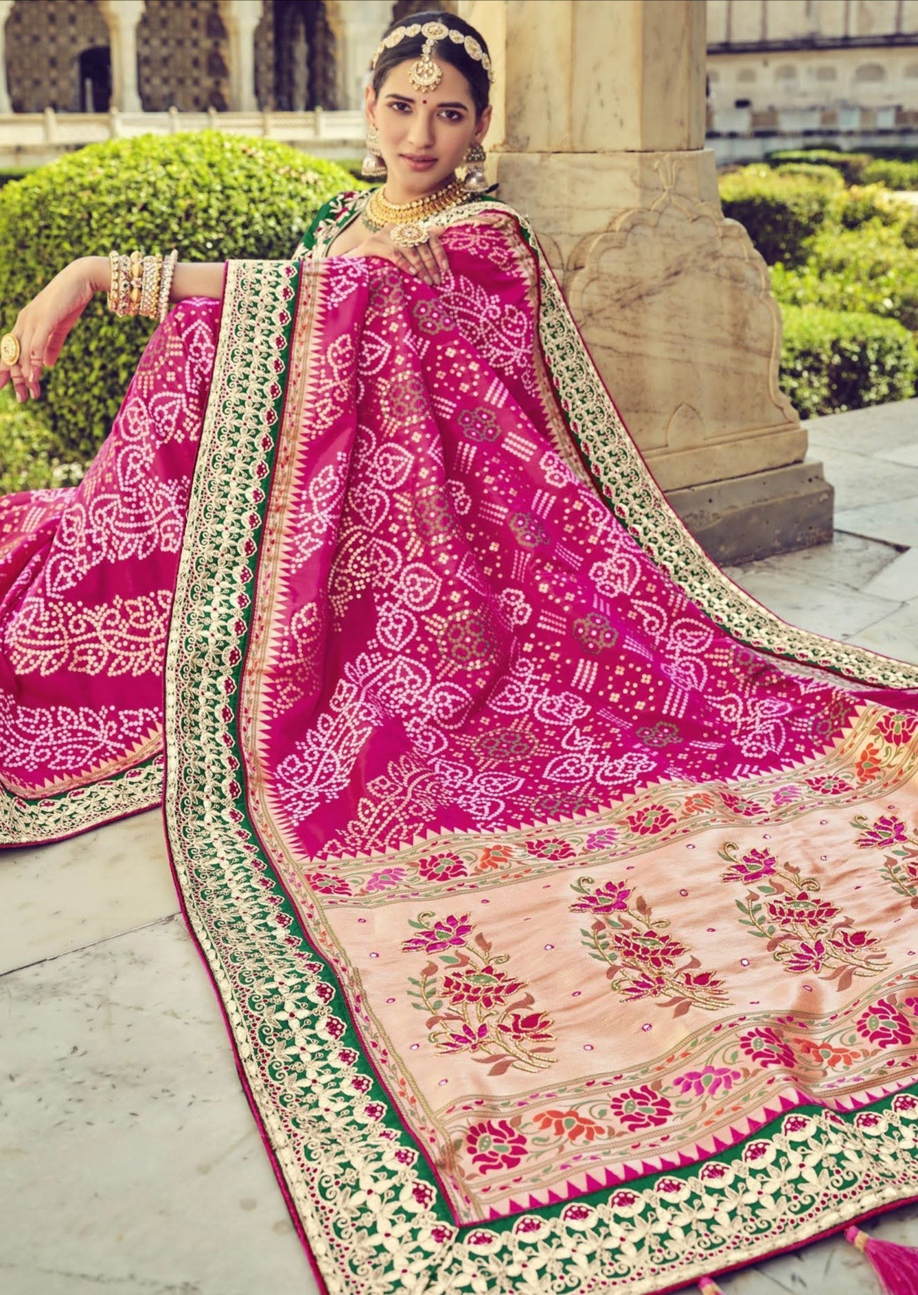Bandhani Patola Banarasi Silk Pink Bridal Saree