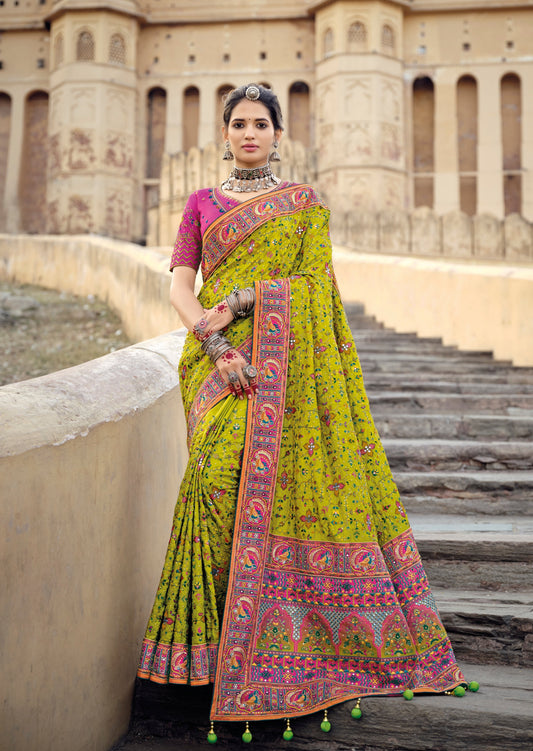 Banarasi Silk Hand Embroidery Kutch Work Saree (Parrot Green)