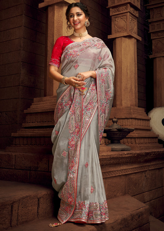 Hand Work Organza Grey Designer Saree