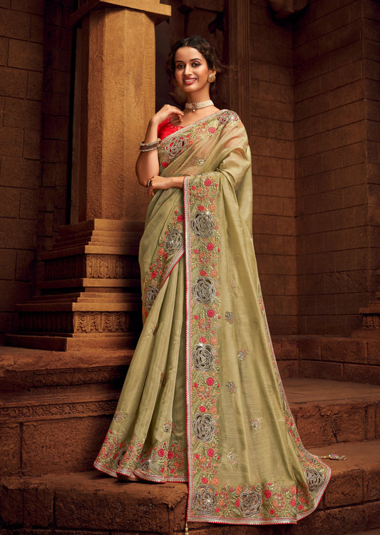 Handwork Organza Pista Green Designer Saree