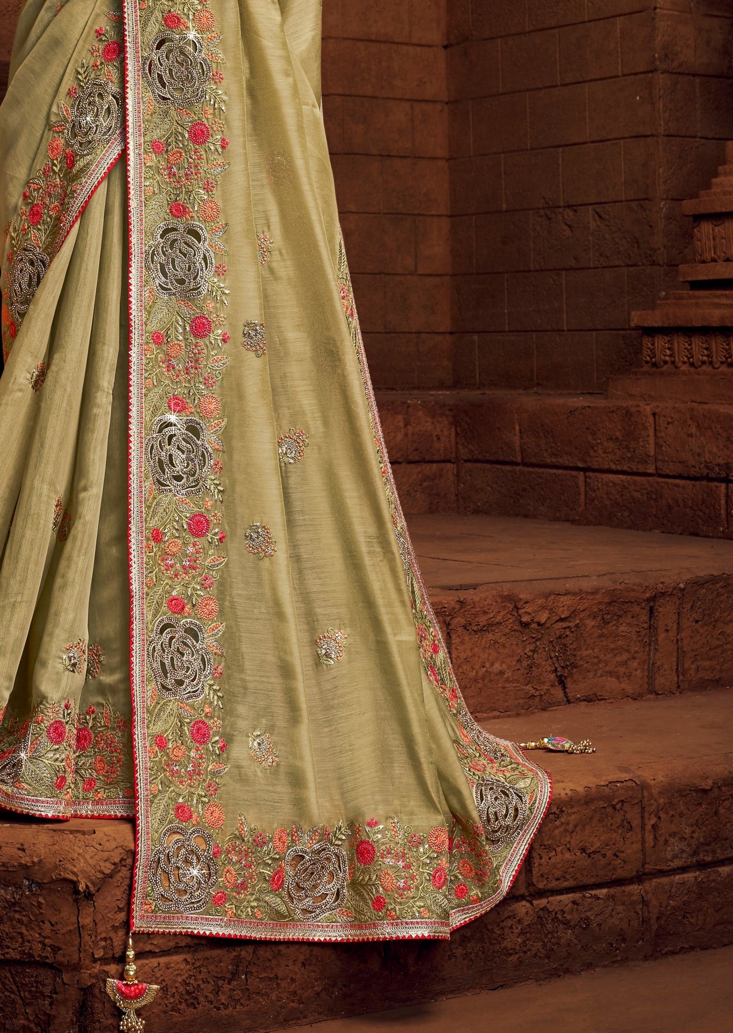 Handwork Organza Pista Green Designer Saree