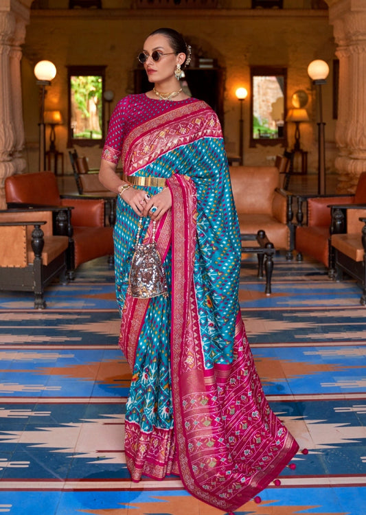 Patan Patola Silk Blue Ikkat Saree