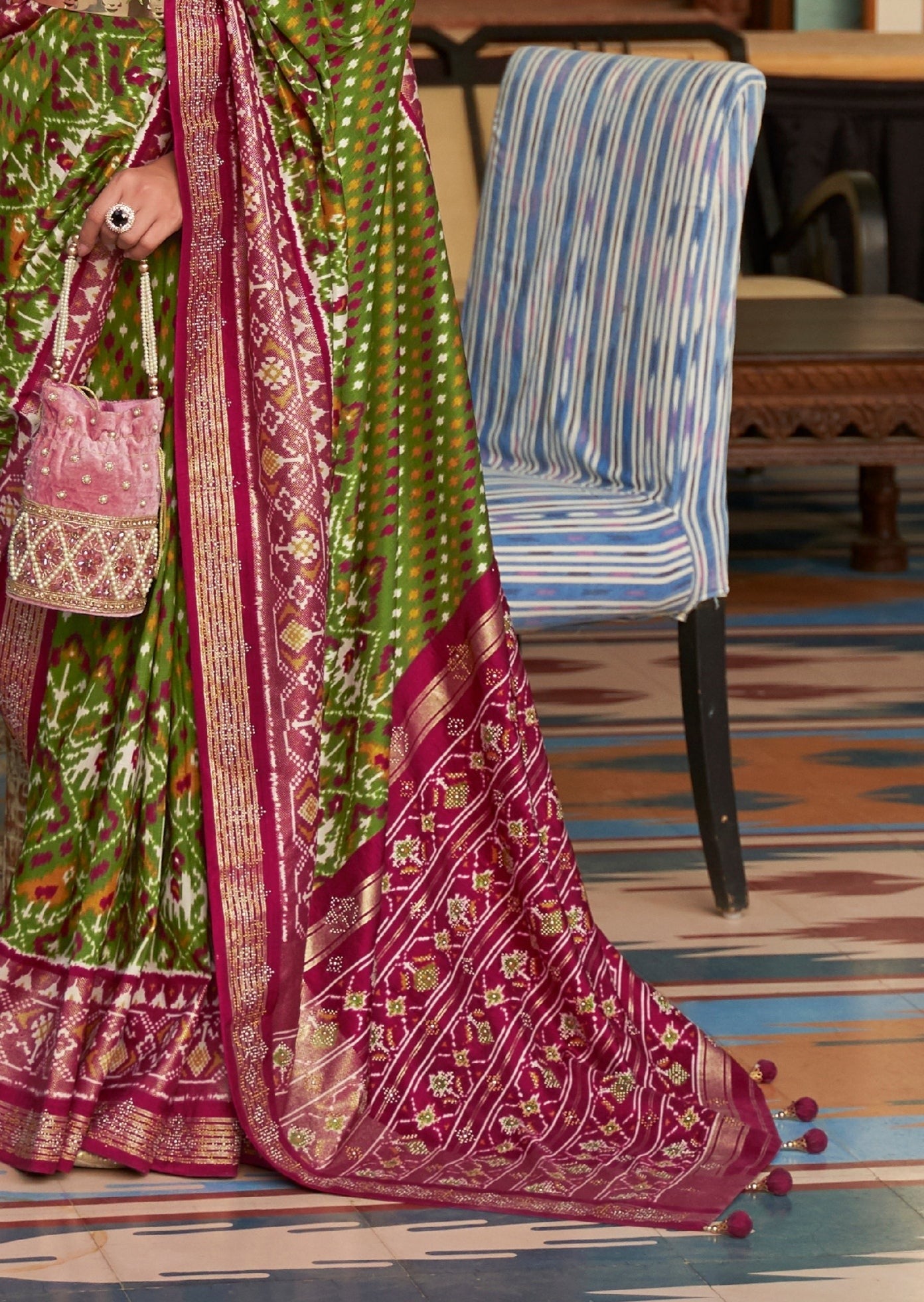 Patan Patola Mehendi Green Saree