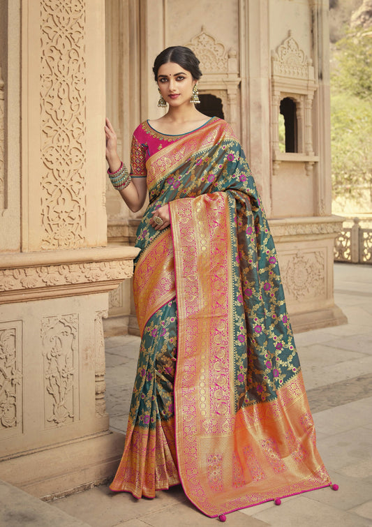 Pure Banarasi Silk Handloom Saree (Grey and Pink)