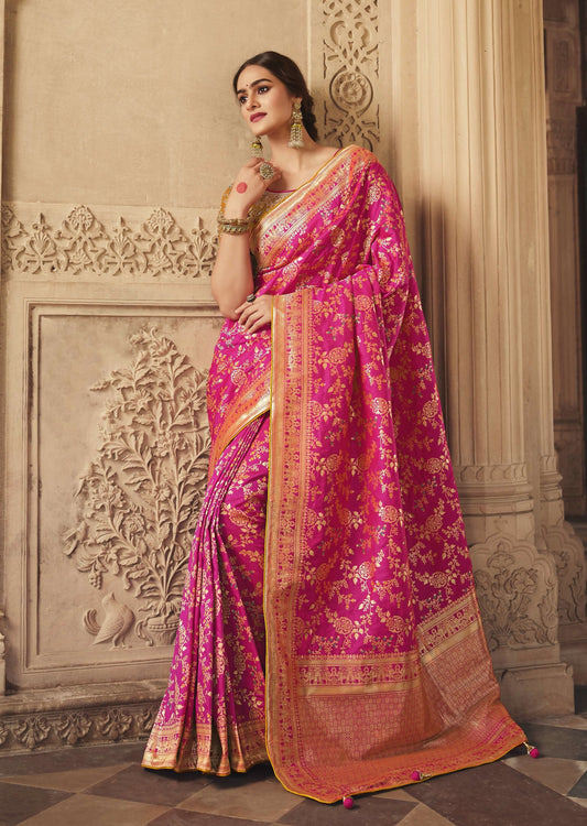 Pure Banarasi Silk Bridal Pink Handloom Saree